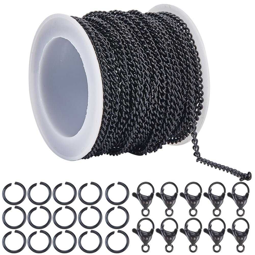 SOFPLATE 33 Feet/10m 3.5mm Cable Link Chain Bulk Iron Chain Links with Spool & 20Pcs Lobster Clasps & 50Pcs Jump Rings Black Curb Chain Bracelet
