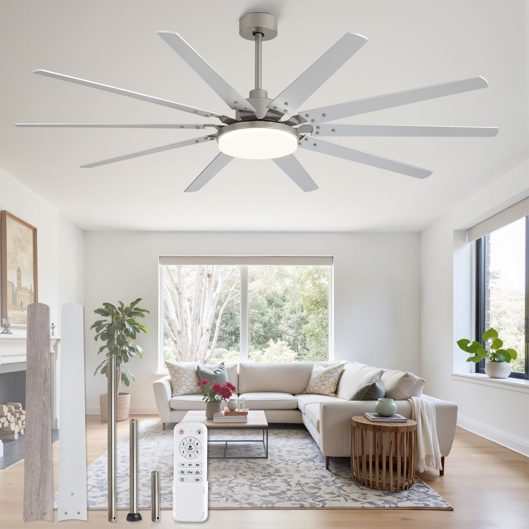 Photo 1 of ***USED/MISSING PIECES*** 
72 inch Large Brushed Nickel Modern Ceiling Fans with Lights and Remote, Indoor/Outdoor Ceiling Fan with 10 Blades, 32W LED light 3 CCT, 6 Speed Reversible Quiet DC Motor, Dual Finish Blades