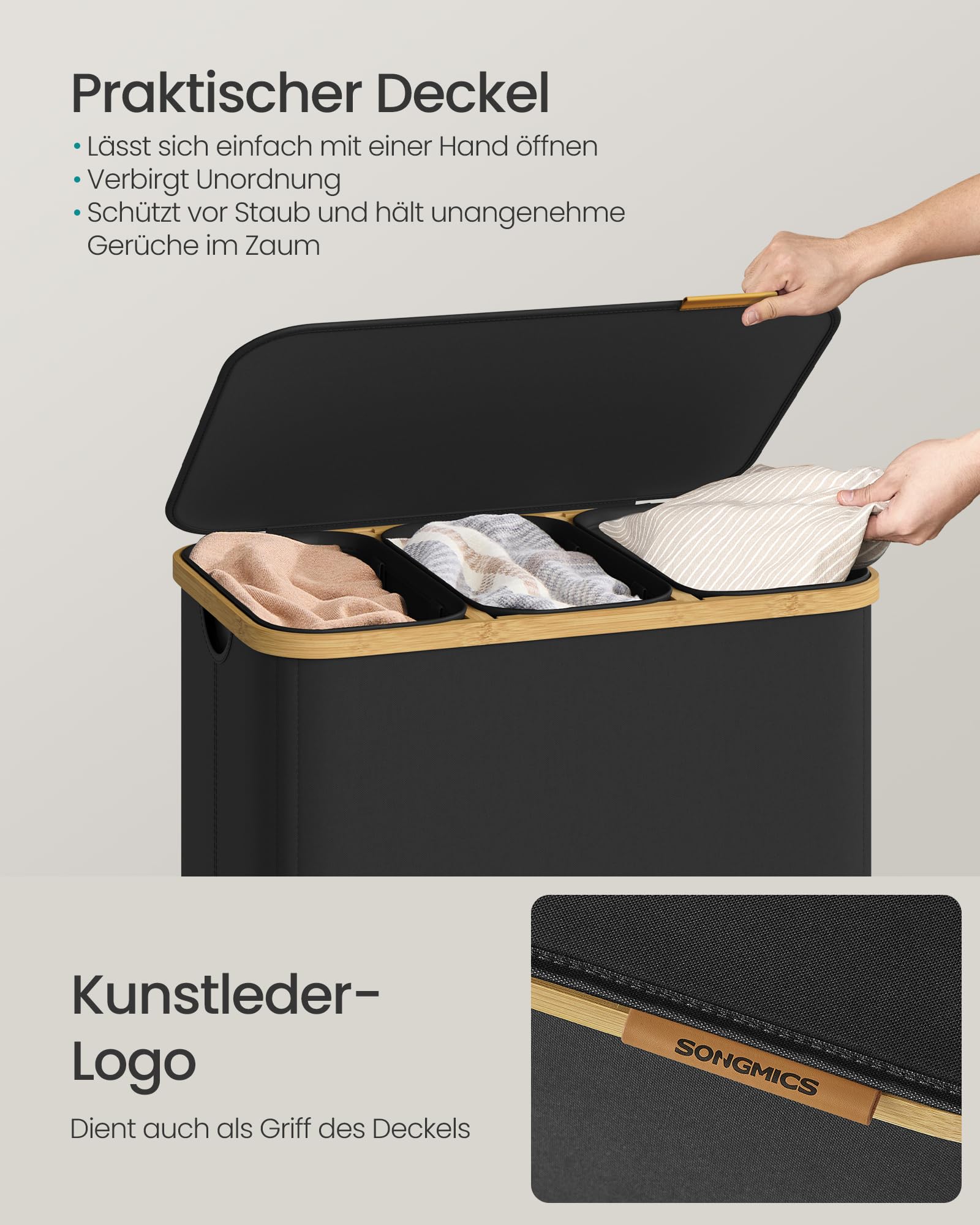 SONGMICS Wäschekorb mit Deckel, Wäschesammler, Wäschesortierer, Wäschetonne, Wäschesack herausnehmbar, Bambusrahmen, für Waschküche, Schlafzimmer, 3 Fächer, 170 Liter, tintenschwarz LCB533BH01