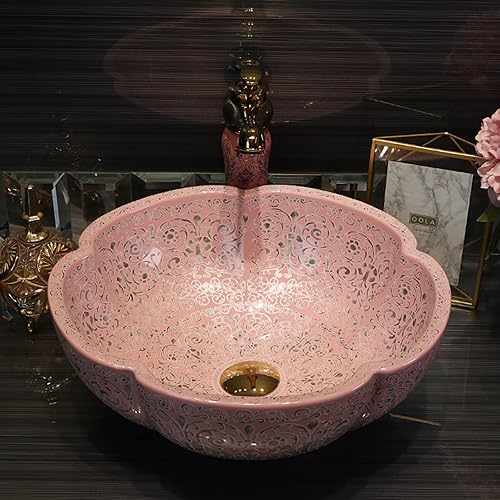 Miniatura 3 de Fregadero de cerámica de la encimera del arte del color rosa del estilo del sudeste asiático del buque del cuarto de baño para la vanidad arriba