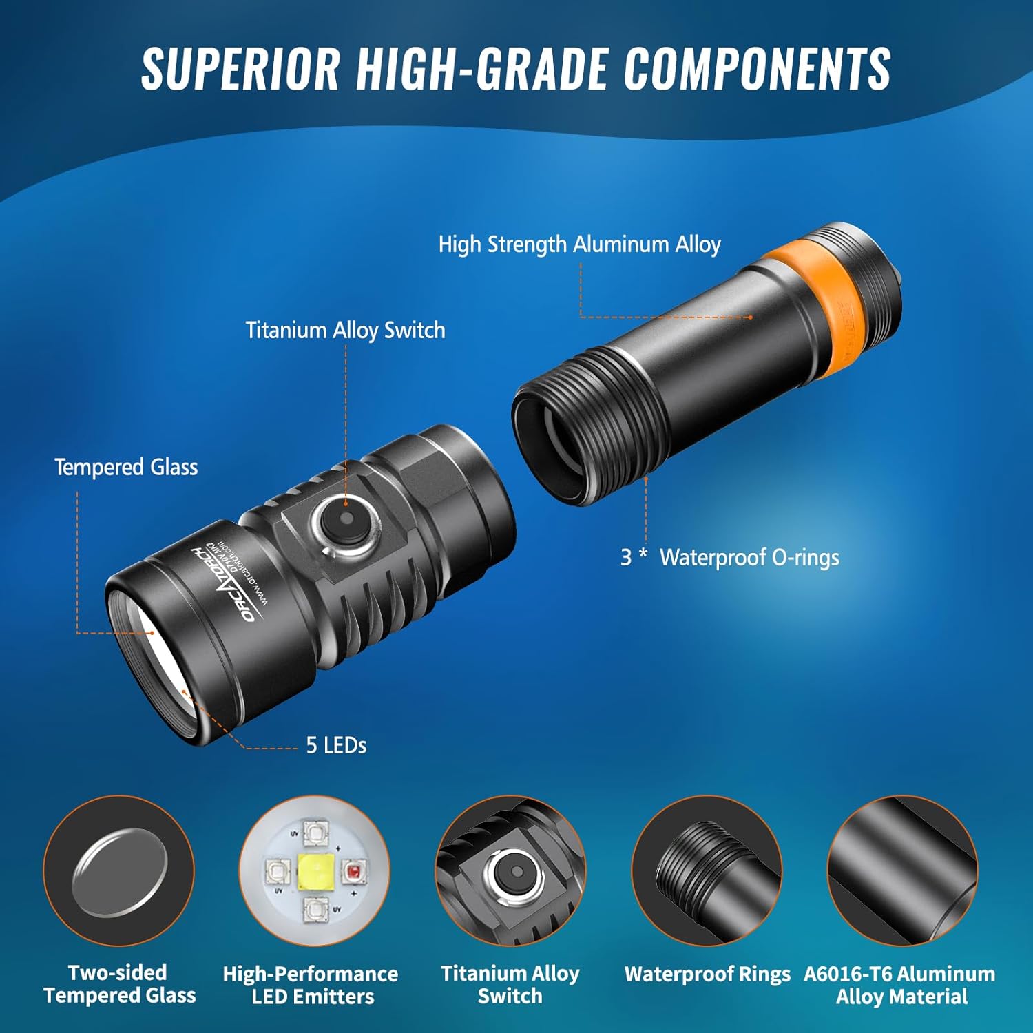 ORCATORCH D710V MK2 2300 Lumens Upgraded Underwater Video Light, White Red Violet Tri-Color, 120-Degree Wide Beam Scuba Flashlight for Dive Photography Fill Light and Fluorescent Night Diving - Image 3