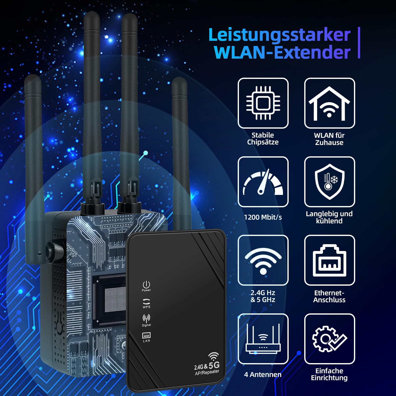 WLAN Verstärker, 1200Mbit/s WLAN Repeater, 5G & 2.4G Dualband Ultraxtender WiFi Verstärker mit LAN anschluss, WPS, Kompatibel mit 99% Standard-WiFi Routern, Deckt bis zu 9200Sq.ft und 35 Geräte