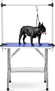 Folding Pet Grooming Table, Dog Grooming Table with Arm Noose & Mesh Tray, Adjustable Pet Groom Table Stand for Dog, Capacity Up to 330 LBS (46in, Blue)