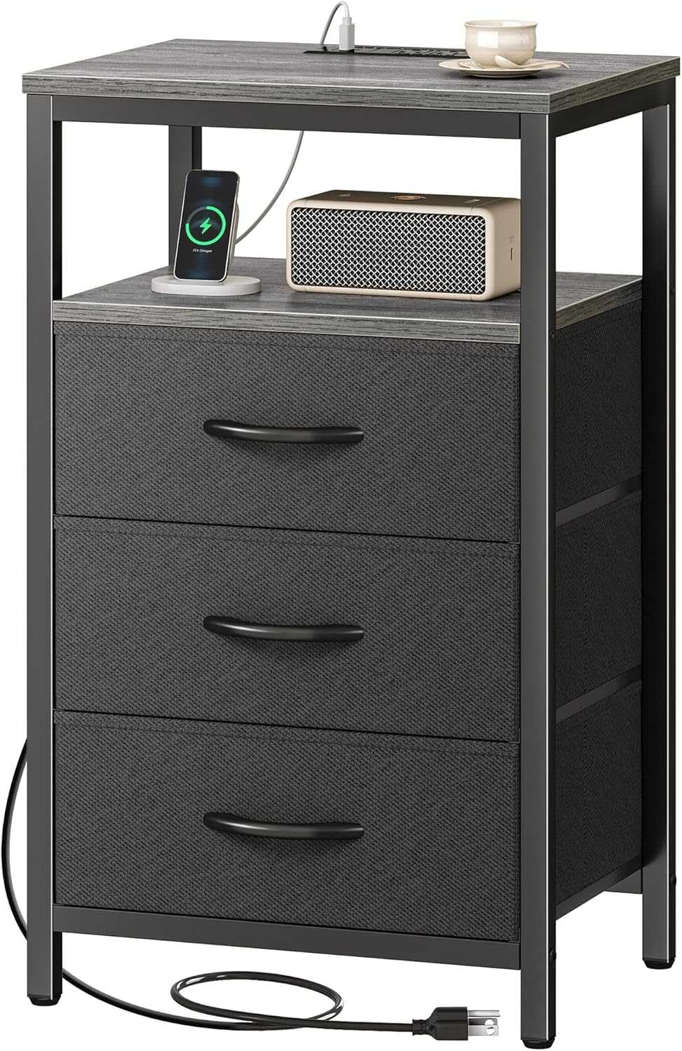 SONGMICS Comodino con Luci LED, Stazione di Ricarica, 3 Cassetti in Tessuto | Struttura in Acciaio, Ripiano Aperto, 39,6 x 30 x 75,9 cm, Nero Inchiostro e Nero Ebano, Collezione BELLAH LGS303BH02