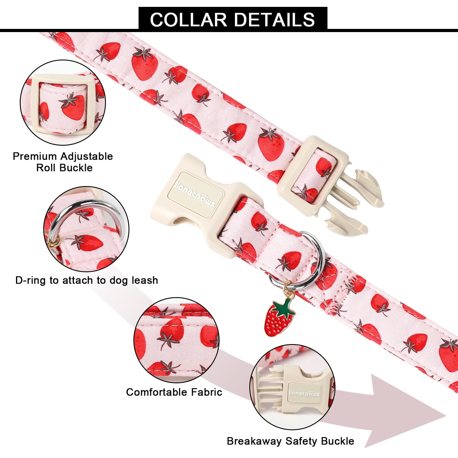Lionet Paws Pink Dog Collar- Cute Strawberry Dog Collars with Plastic Buckle,Light Adjustable Dog Collars for Medium Large Dogs - Image 3