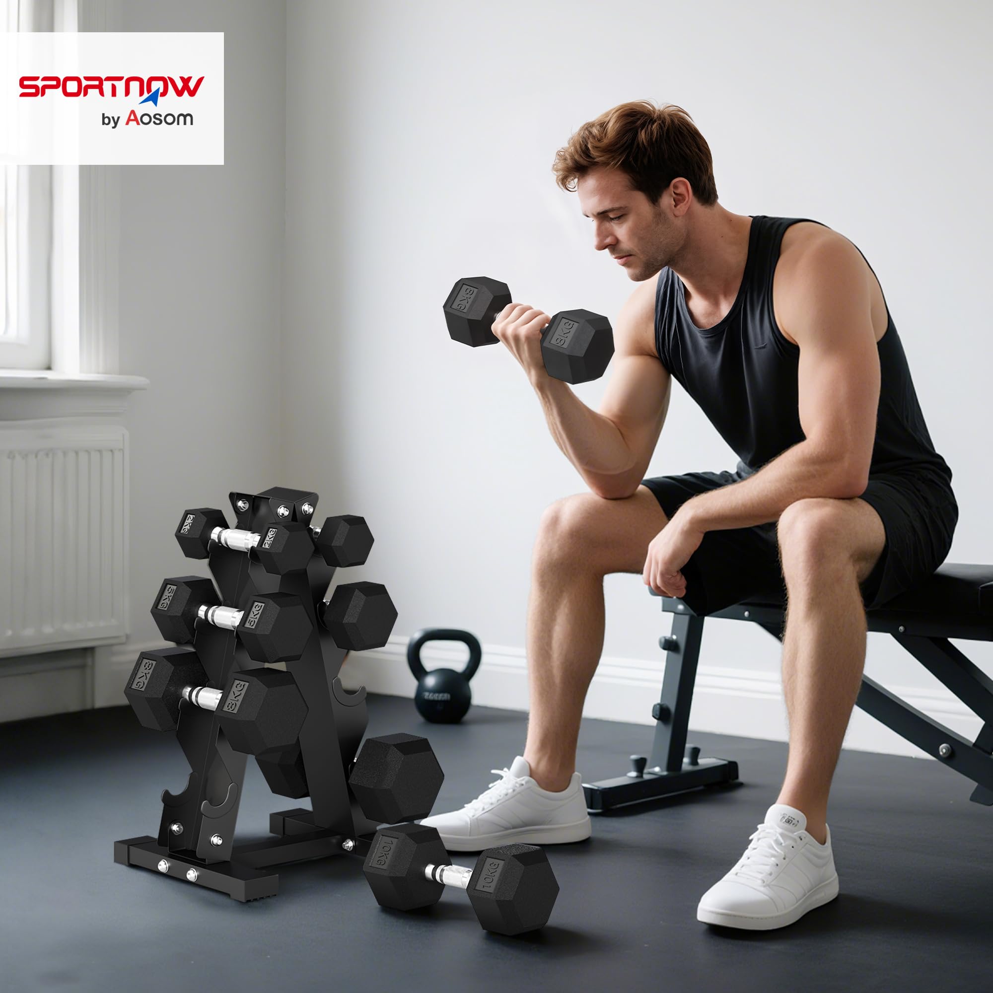 SPORTNOW Set di Manubri da Palestra con Supporto 2x2kg Esagonali Nero | 2x5kg, 2x8kg, 2x10kg, Manubri per Palestra, Ghisa e Gomma, Impugnatura Antiscivolo, Allenamento Fitness Casa
