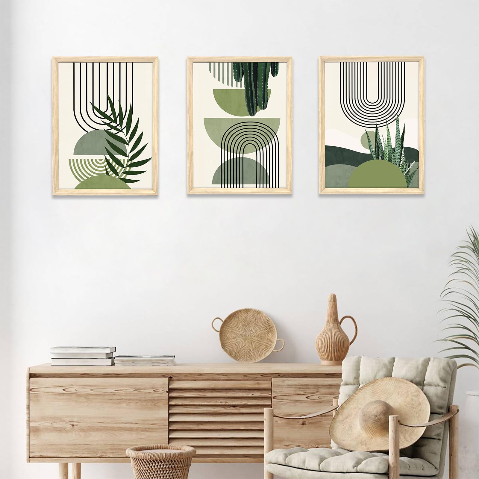3 Pcs Wooden Framed Canvas Wall Art Set Bohemian Sage Green Canvas Prints Poster Geometric Line Beige Green Pictures for Living Room Bedroom Dinning Room Hallway Stairs Wall Decor 30x40cm x3pcs — view 502