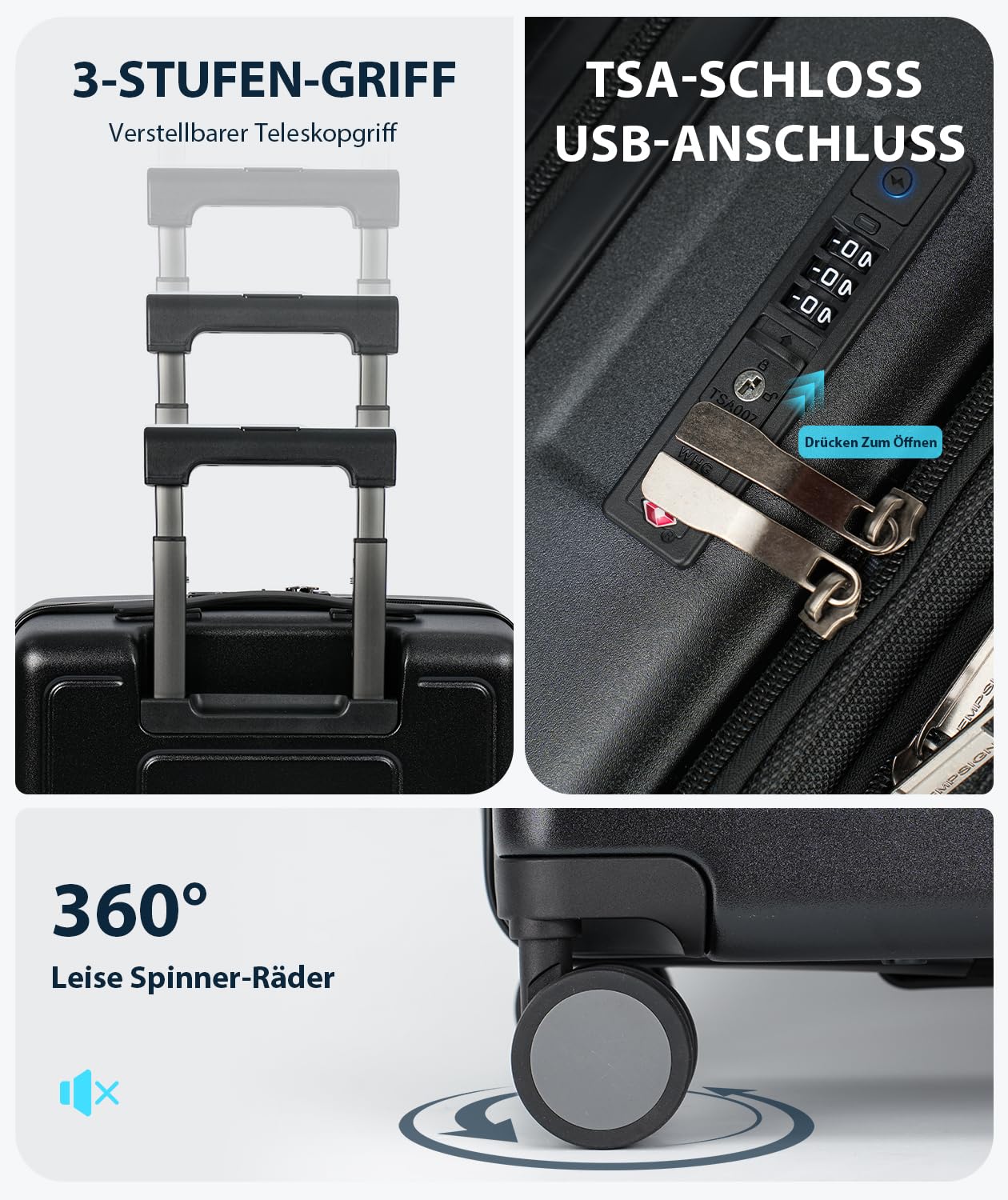 EMPSIGN Handgepäckkoffer 20 Zoll mit Seitenöffnung | Erweiterbarer Trolley mit Leisen Rollen und TSA-Schloss, Business Handgepäck Schwarz