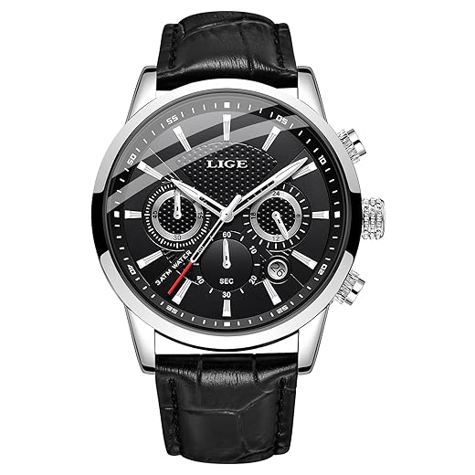 LIGE Relógios masculinos com cronógrafo, de couro, à prova d'água, analógico, quartzo, aço inoxidável, negócios, clássico, masculino