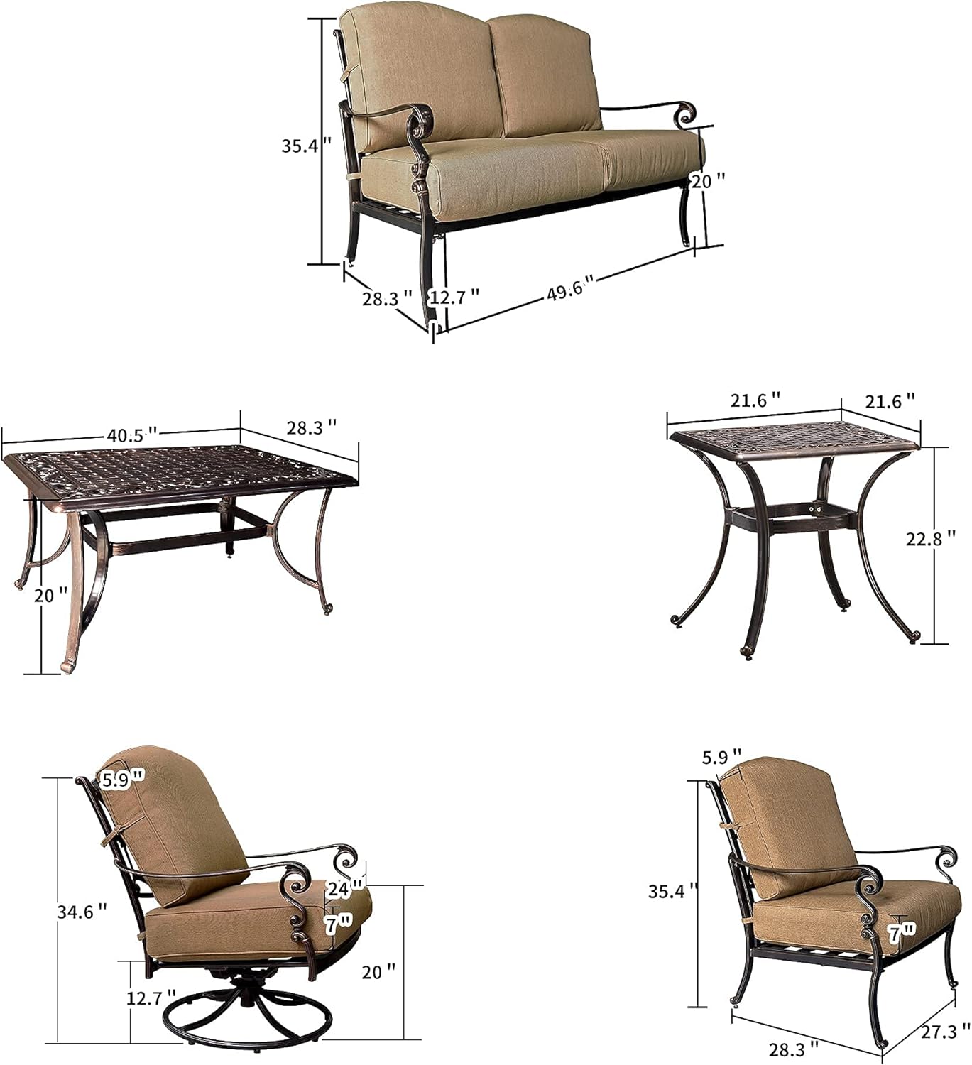 PURPLE LEAF 7 PCS Outdoor Patio Furniture Set Powder Coated Cast Aluminum Patio Conversation Sets, Swivel Single Sofas, Cushions Included, Beige : Patio, Lawn & Garden