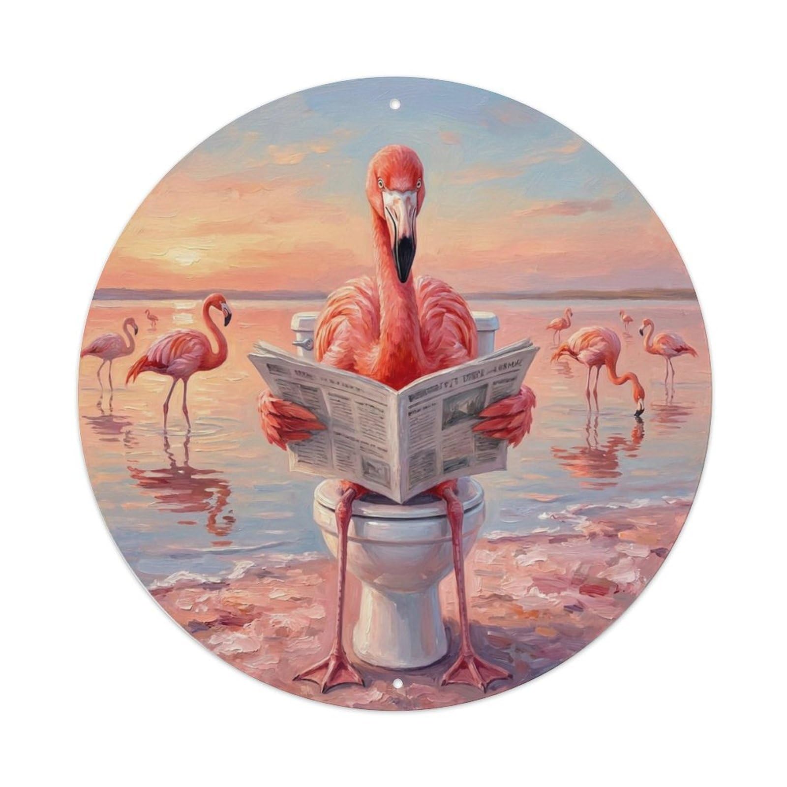 Flamingo On Toilet Humorous Bathroom Pink Lake Shore Metal Tin Sign