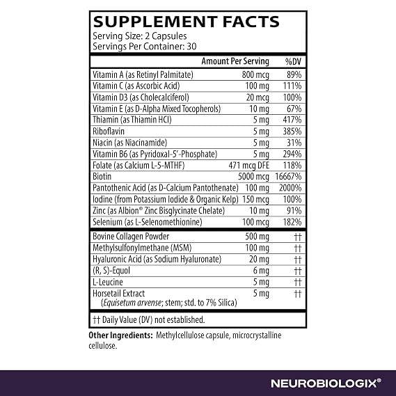 Neurobiologix Hair Skin & Nail Peptides, Biotin & Collagen Peptide Supplement for Hair Skin Nail Support, Amino Acid & Peptide Complex for Daily Beauty Wellness, Gluten Free, Vegetarian, 90 Capsules
