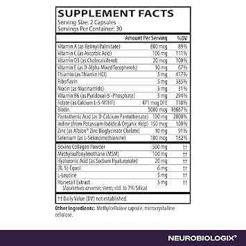 Neurobiologix Hair Skin & Nail Peptides, Biotin & Collagen Peptide Supplement for Hair Skin Nail Support, Amino Acid & Peptide Complex for Daily Beauty Wellness, Gluten Free, Vegetarian, 90 Capsules