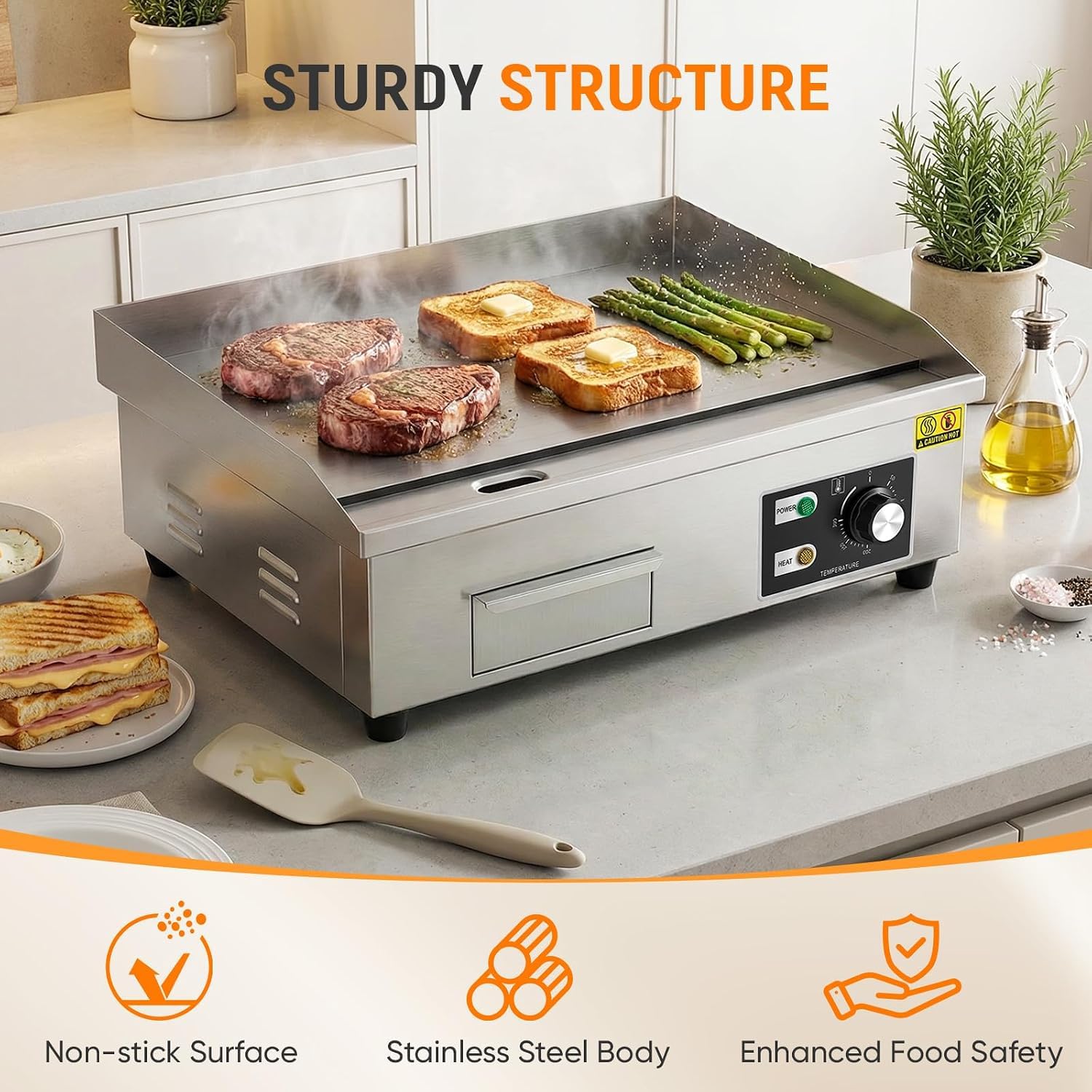 Plaque électrique Professionnelle, plancha avec température réglable 50-300℃ (122-572°F), Surface antiadhésive INOX épaissie 8mm, bac de récupération d'huile, pour Restaurant et Cuisine Maison
