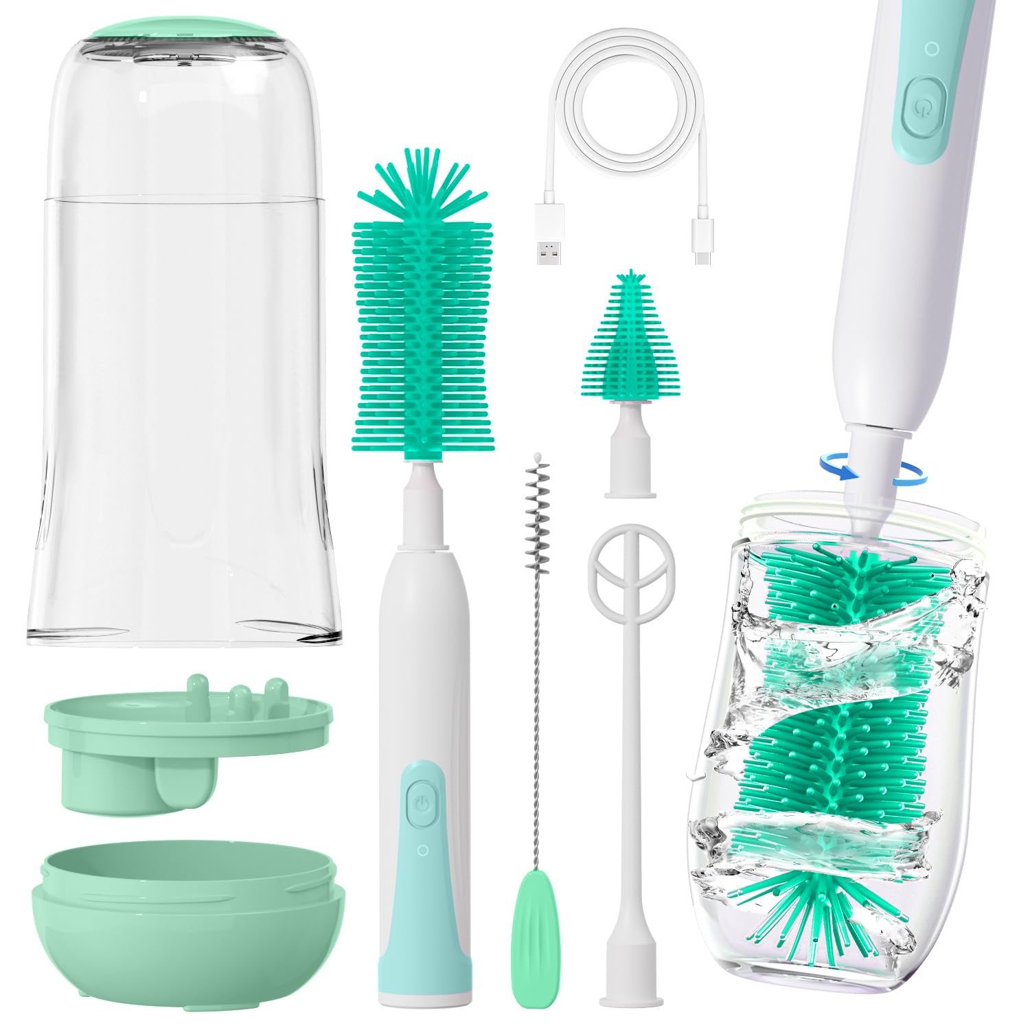 Electric Bottle Brush Cleaner, Portable Baby Bottle Washer, Travel Bottle Cleaner Brush Set with Silicone Water Bottle Brush, Nipple Brush, Straw Brush