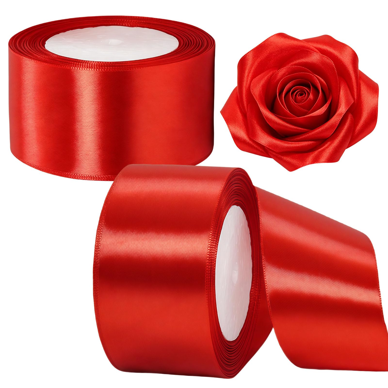 2 Rolls 50mm Red Wide Satin Ribbon for Gift Wrapping, 22m per Roll, 44m Fabric Ribbon for Presents, Crafts, Bows, Bouquets, Wedding and Party Decoration