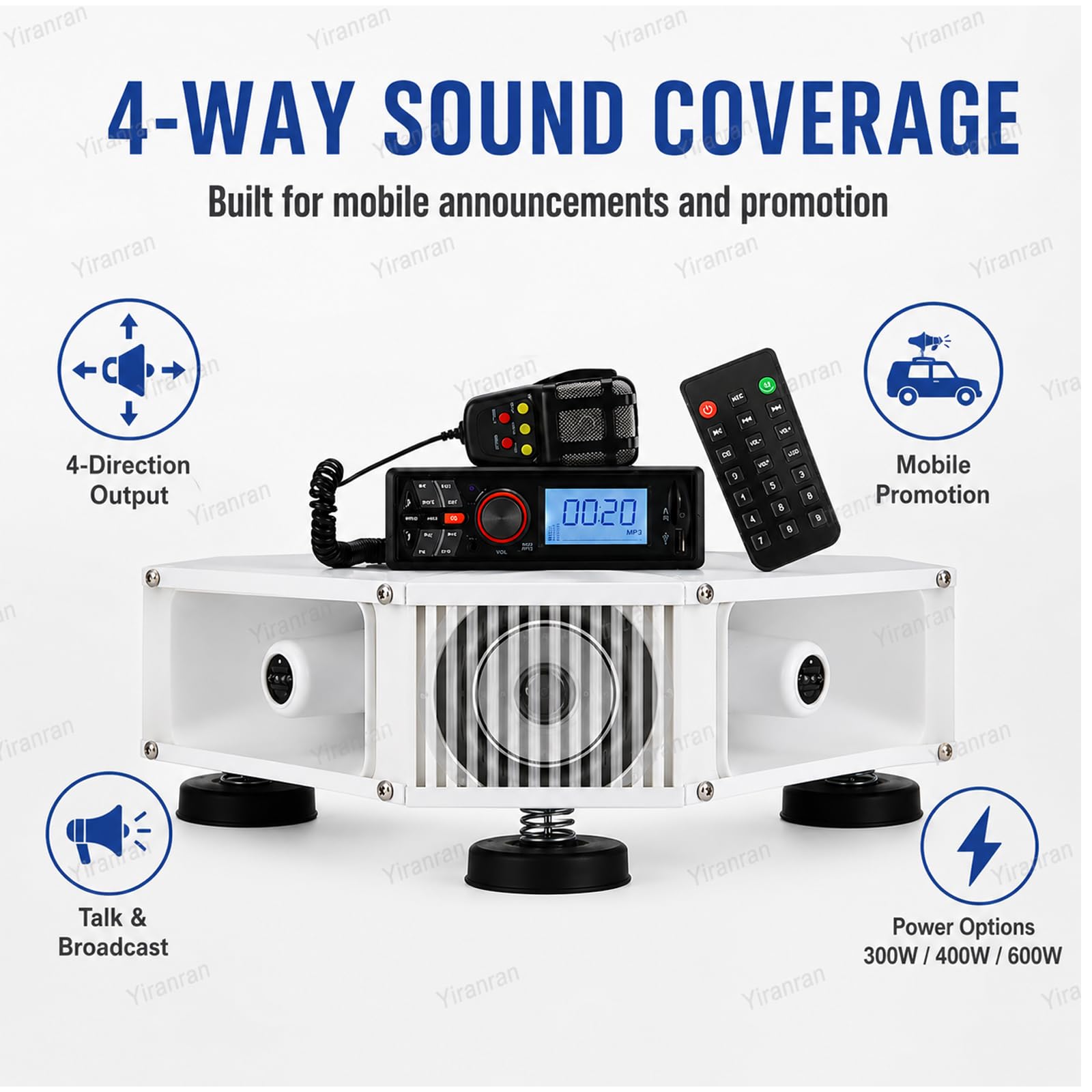 Altoparlante Pubblicitario da Tetto per Esterni con Amplificatore Bluetooth, Megafono per Auto, Microfono, Telecomando E Riproduzione delle Registrazioni, 4 Tweeter + 4 Woofer 400w