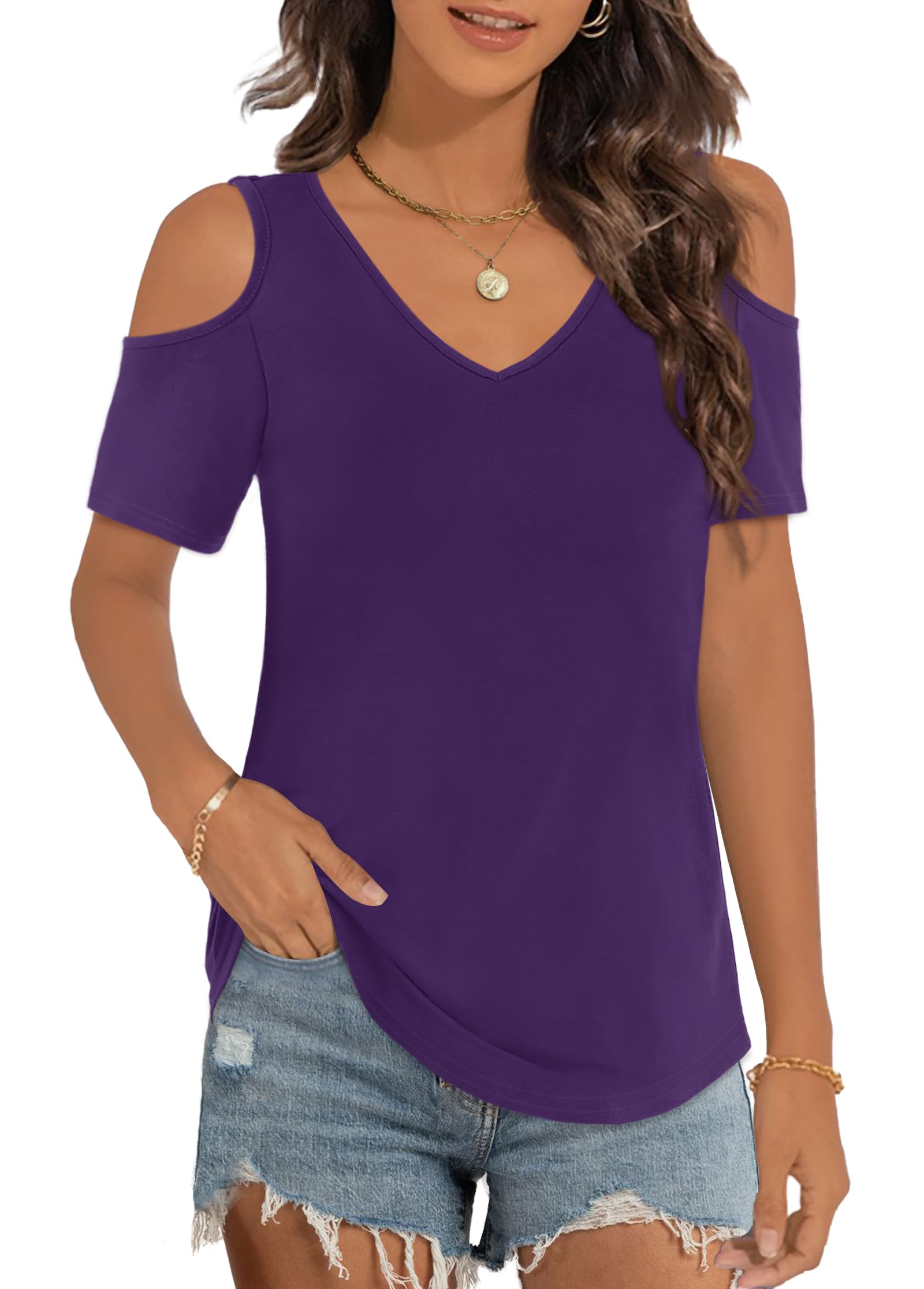 Elesomo Womens V Neck Cold Shoulder Tops Short/Long Sleeve Summer T Shirts Basic Tees