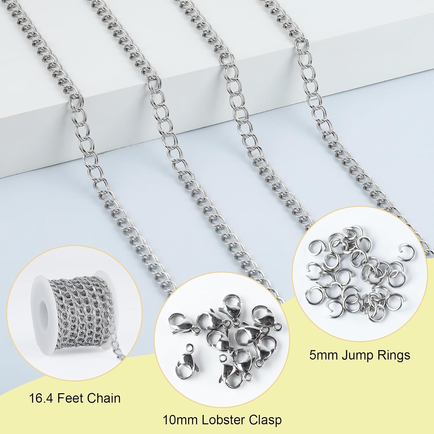 SMYHTGLIF 16.4 Feet Double Curb Cuban Chain for Jewelry Making Stainless Steel Chain Bulk Silver Twisted Jewelry Making Chains Jewelry Findings