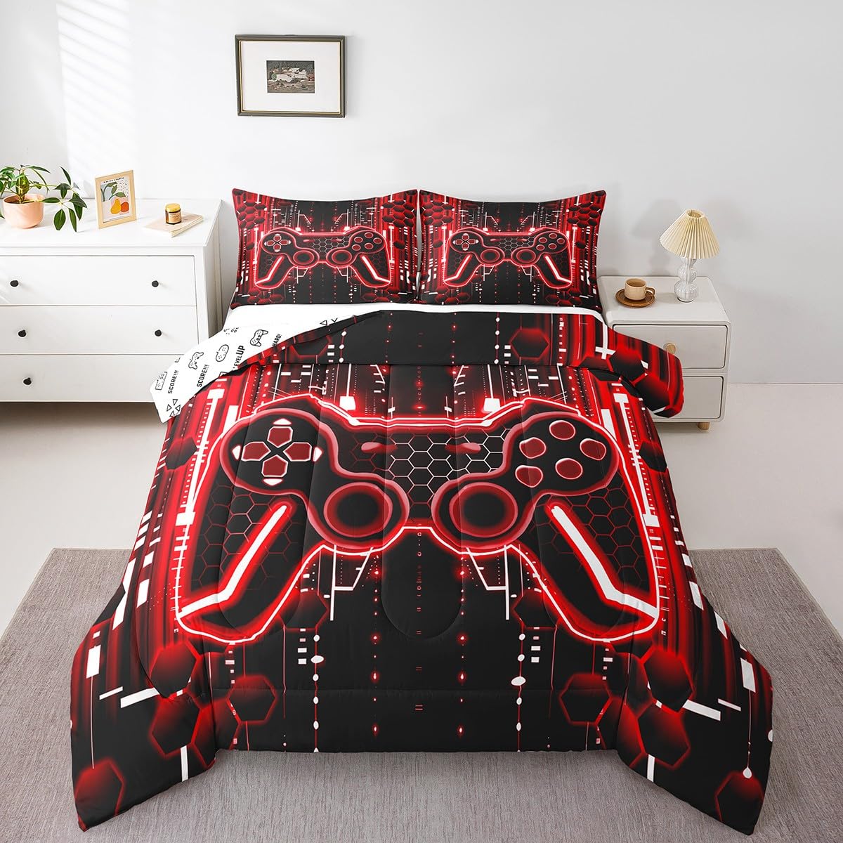 Feelyou Kids Red Black Gamer Bedding Set Twin Size, Gaming Comforter Set Boys Girls Game Room Decor Comforter Gamepad Teens Duvet Set Bedroom Decor with 1 Pillow Case