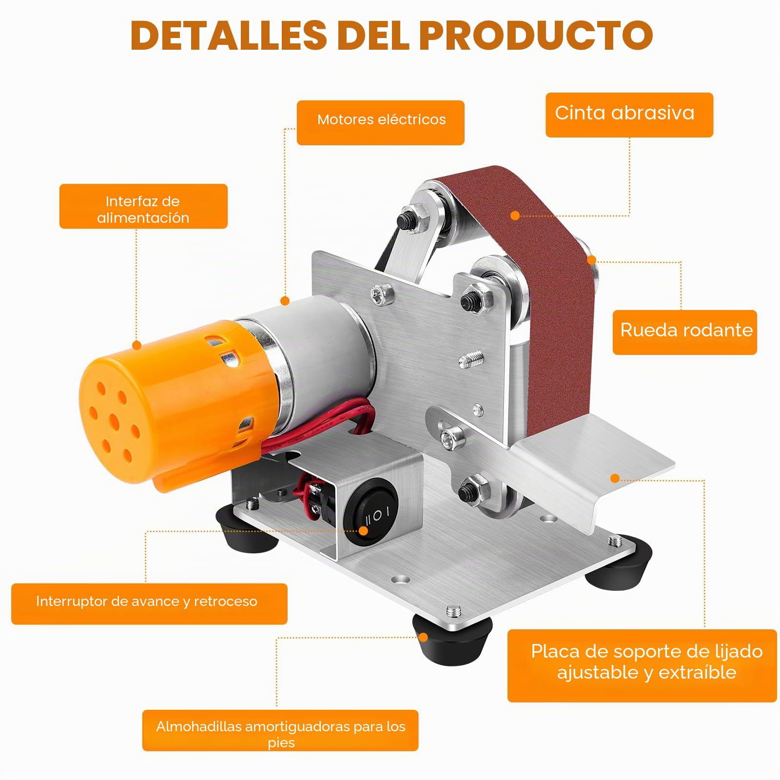 Mini Lijadora de Banda Eléctrica 4000-9000Rpm, Afilador de Cuchillos | 7 Velocidades Ajustables y 30 Cintas 330x30mm, Máquina de Pulir y Lijar de Banda Multifunción para Metal, Carpintería
