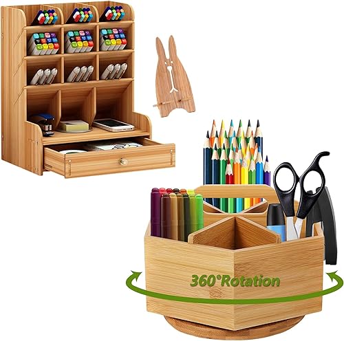 Marbrasse Organizador de escritorio de madera, organizador giratorio de suministros de arte de bambú