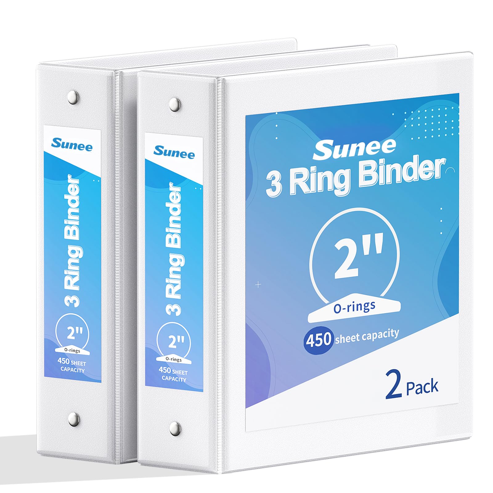 SUNEE 3 Ring Binder 2 Inch 2 Pack, Clear View Three Ring PVC-Free (Fit 8.5x11 Inches) for School or Office Supplies, White