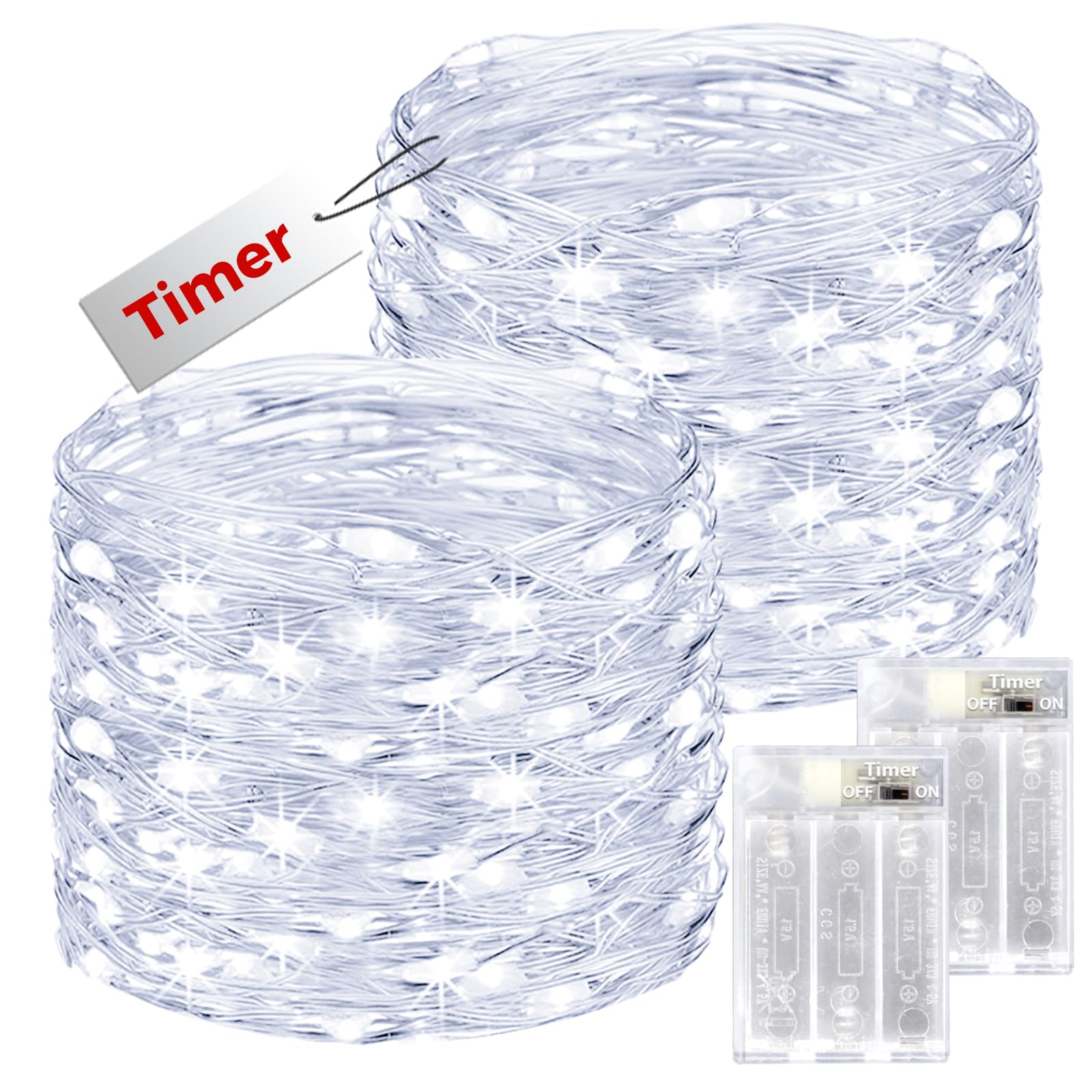 Bitjam 2 Stück Lichterkette Batterie mit Timer, 12M 120 LED Lichterkette Kupferdraht Draht IP65 Wasserdicht, AA Lichterketten Batteriebetrieben für Partys Weihnachten Schlafzimmer Innen Deko, Kaltweiß