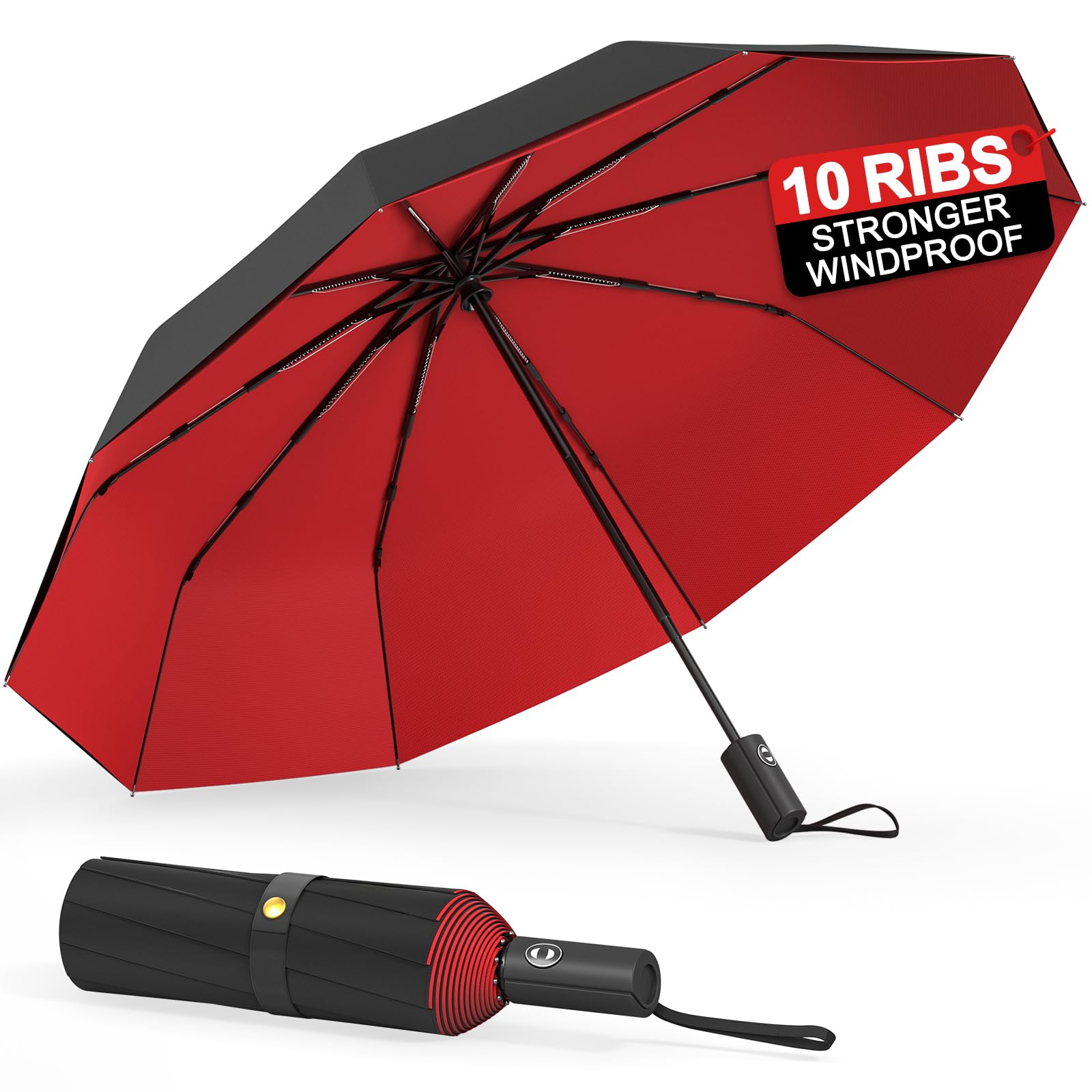 BALORIZ Windproof Double Layer Umbrellas, Compact Travel Folding Umbrella, Auto Open & Close Portable Wind & Rain Resistant Umbrella with 10 Ribs for Men, Women, Children (Red)