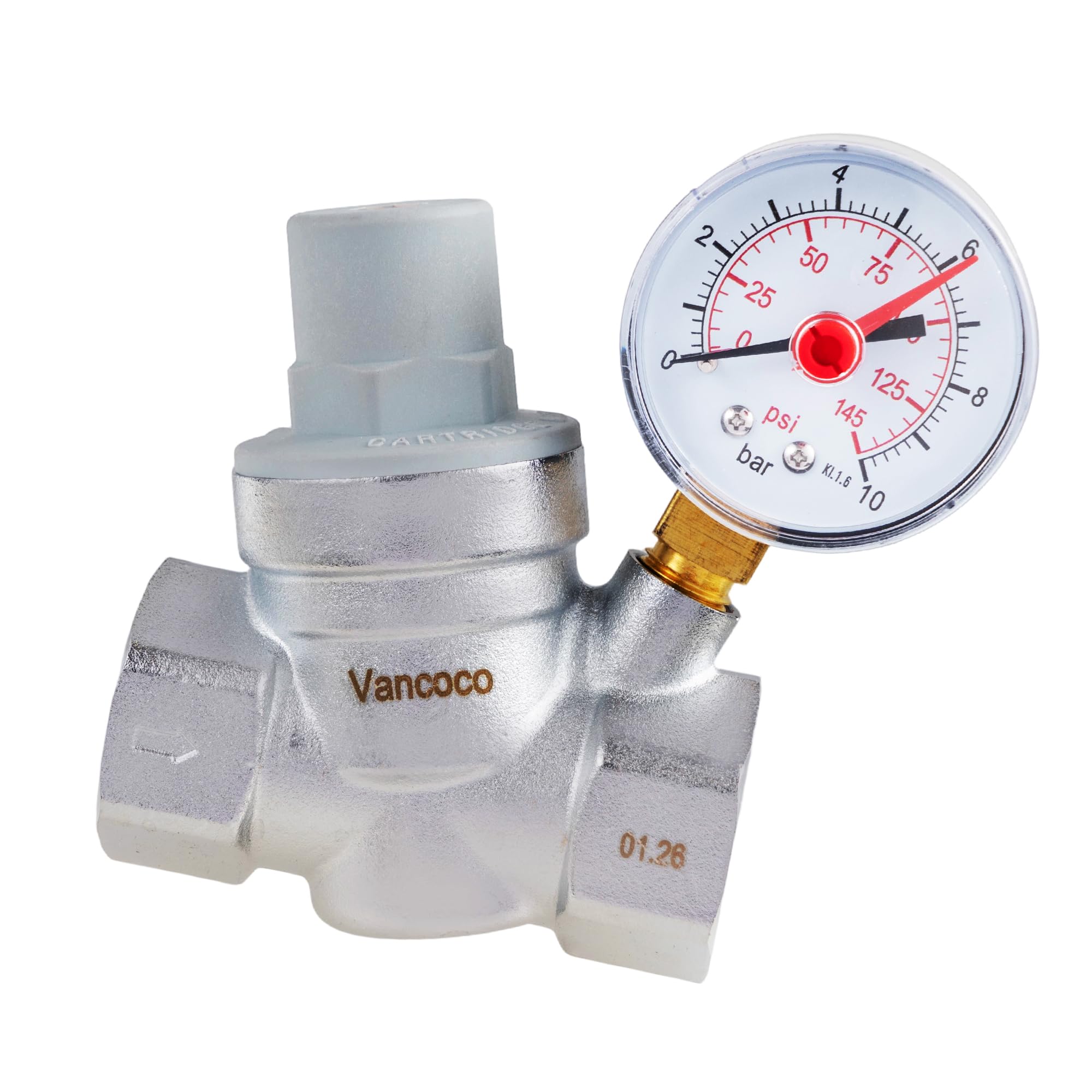 VANCOCO Regulador de presión de agua de 1 pulgada DN25 con manómetro, regulador de presión de agua de latón, regulador de presión de agua, válvula reductora de presión con filtro de filtro para