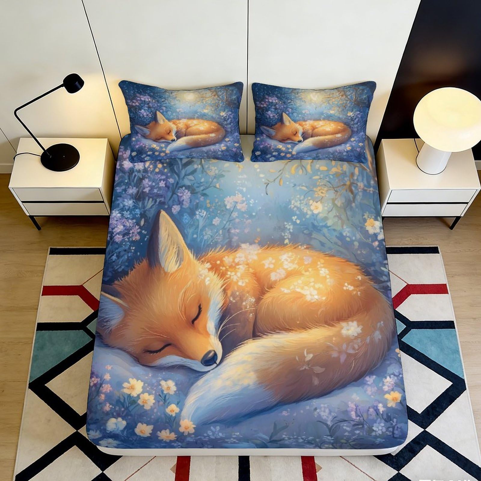 3D Printed Sleeping Fox Fitted Sheet Microfiber Soft Breathable Floral Bed Cover for Bedroom Dormitory Guest Room Mattress Protection Decor 160x200x25cm
