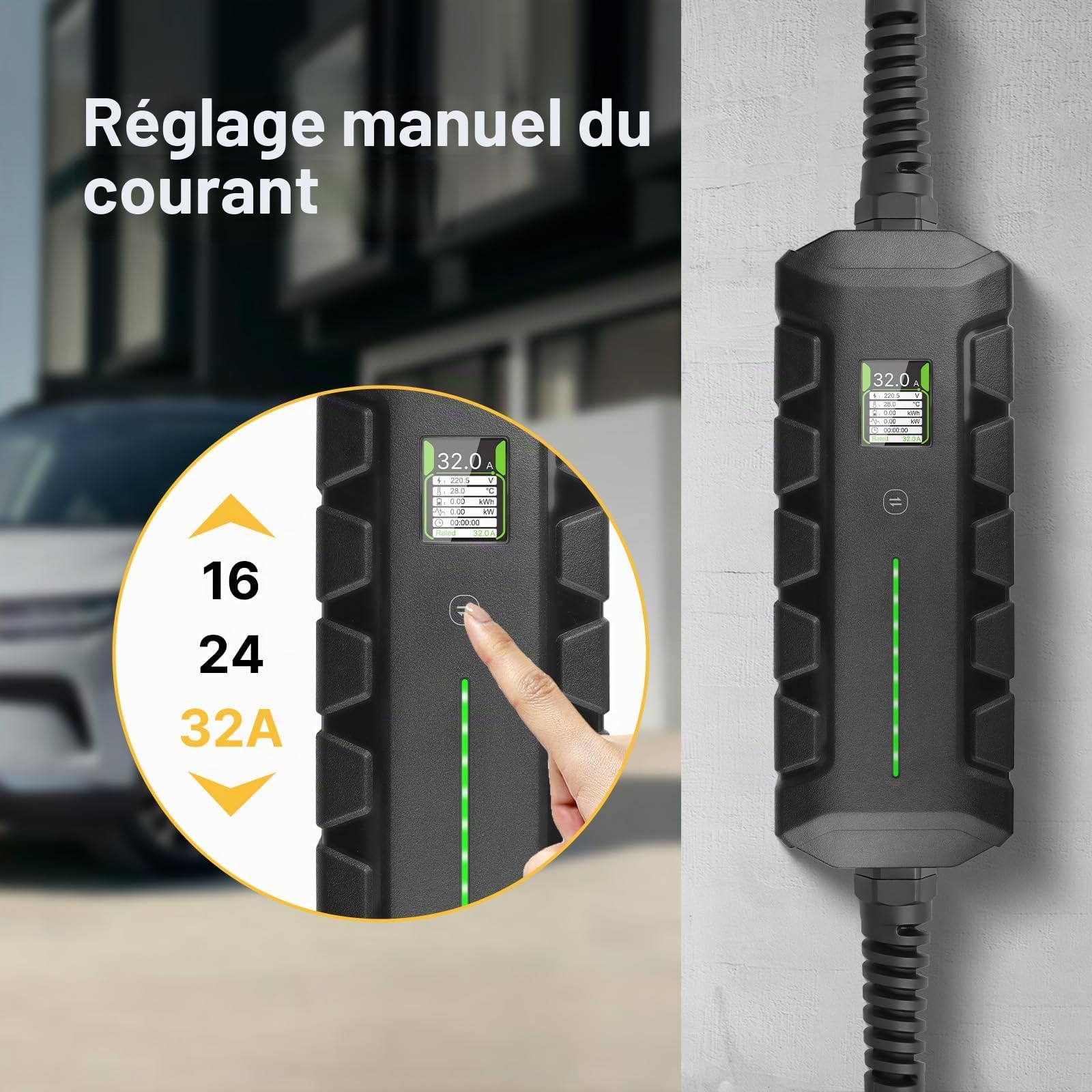 EV Chargeur 7,4 KW Station de Recharge Mobile Boîtier Mural avec Affichage Numérique Type 2, CEE Monophasé, câble de 6 m, 16 A/24 A/32 A