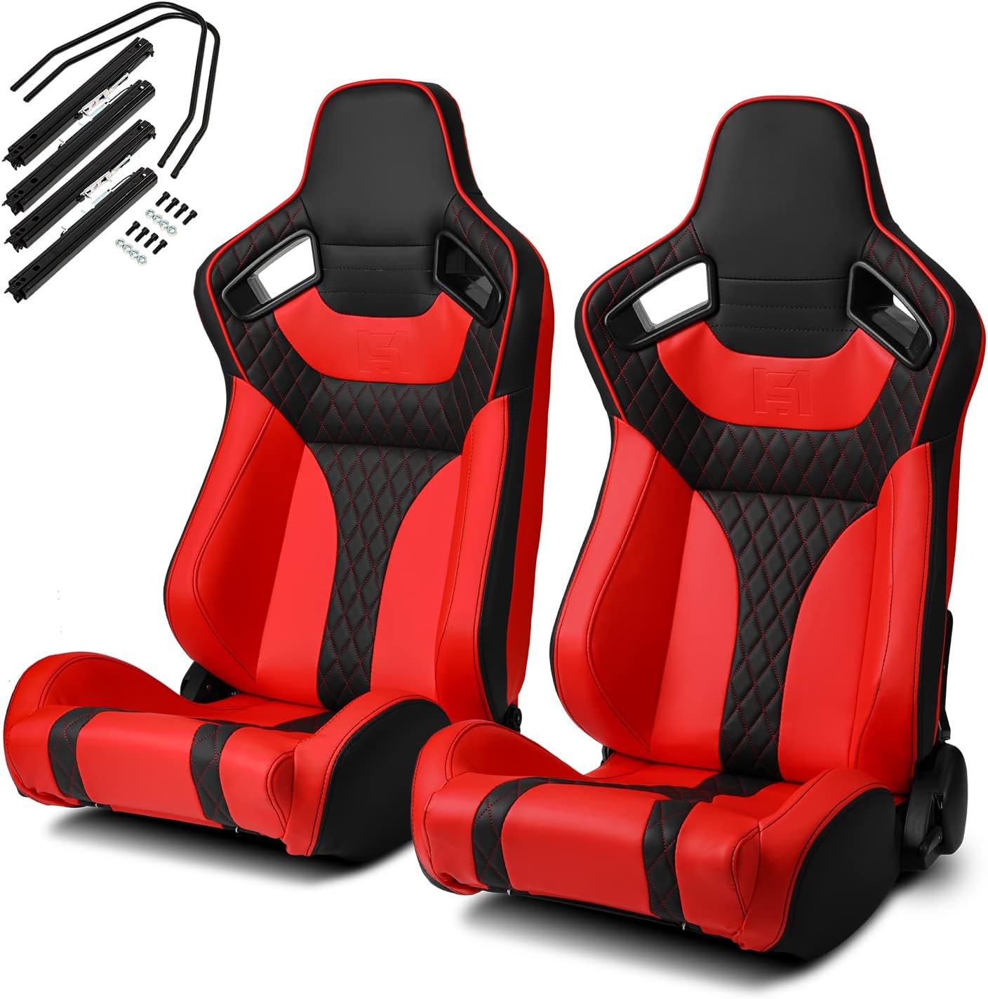 Universal Main Red + Black Side PVC Leather Sport Reclinable Racing Seats Pair