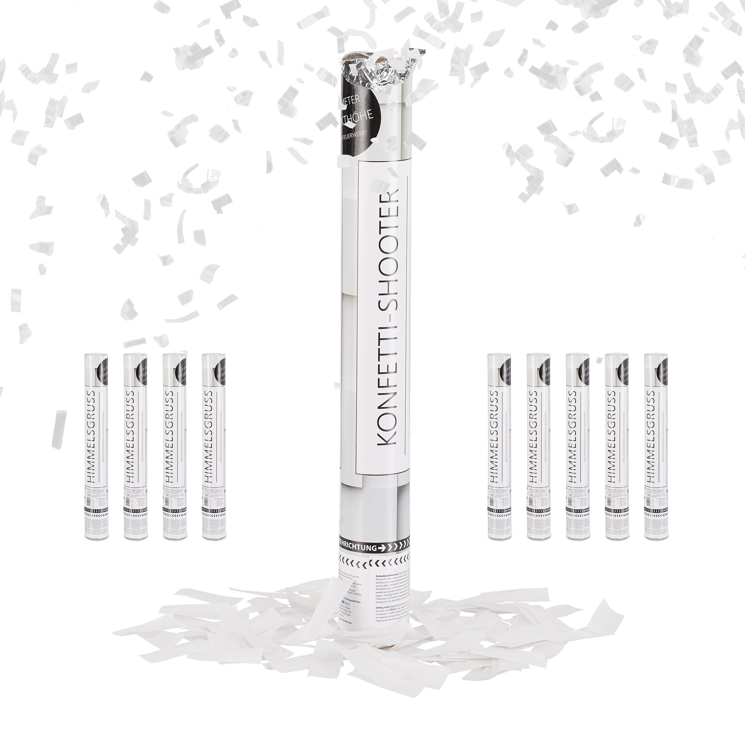 Set de 10 Cañones Confeti, Altura Efecto 6-8 m, Nochevieja, Cumpleaños y Boda, 40 cm, Disparador Confetti Papel, Blanco