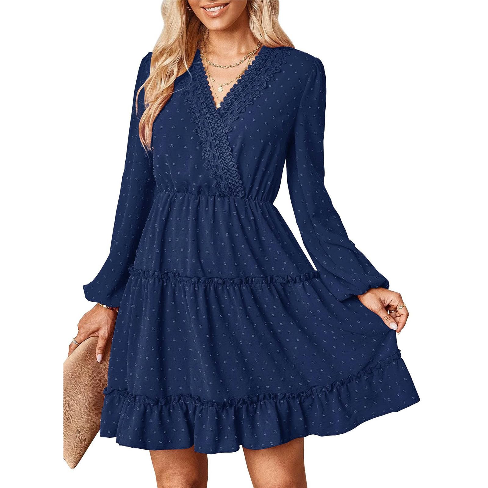 Robe superposée en dentelle à manches longues pour femme col en V élégante taille XL AMN22092902