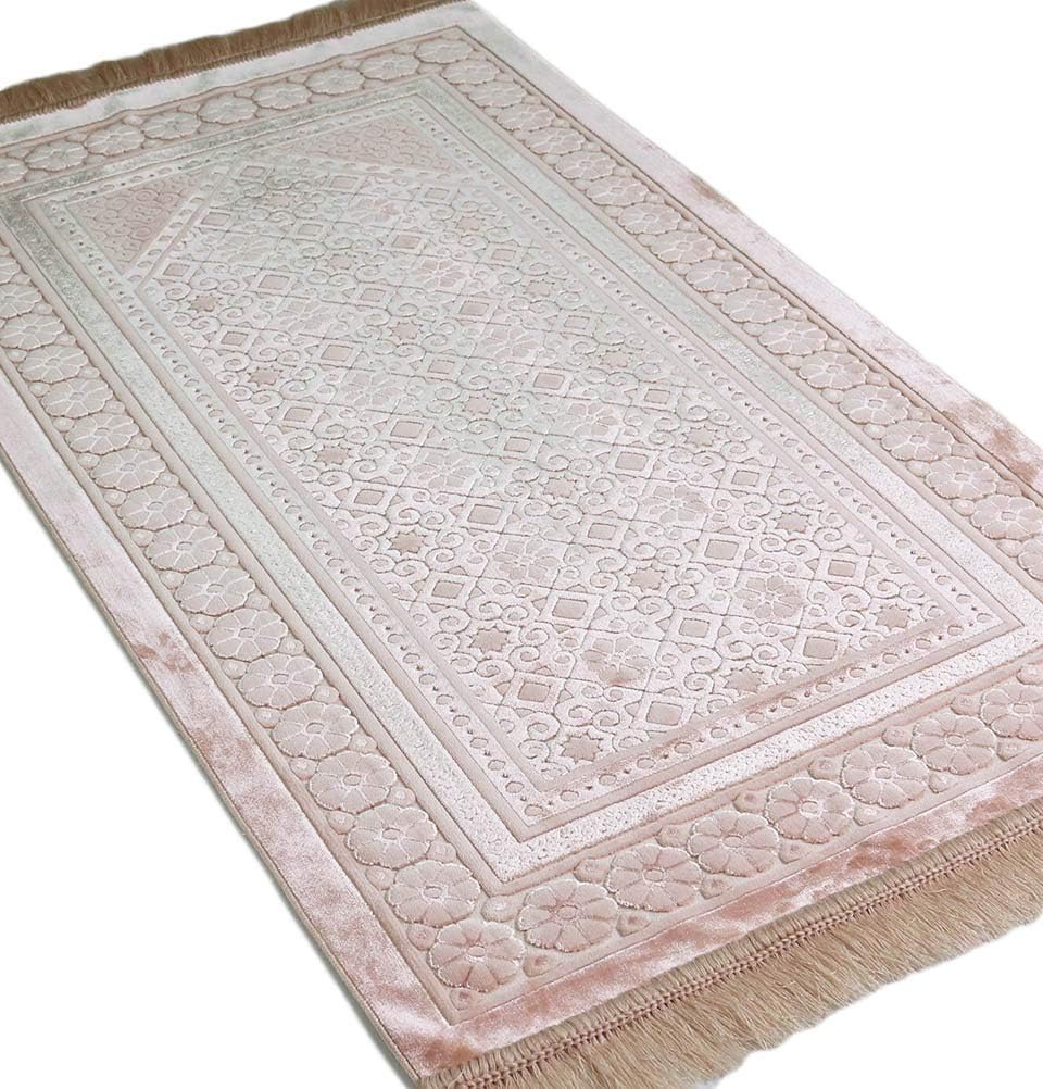 Modefa Velvet Prayer Rug with Prayer Beads Turkish Janamaz Sajadah Floral Stamp Luxury Plush (Light Pink)