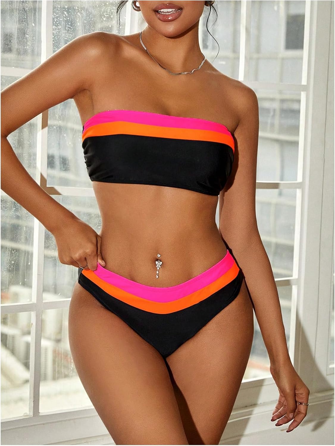 SweatyRocks Women's Bandeau Bikini Sets Strapless Tube Top Color Block Mid Waist Bathing Suits Swimwear - Image 4