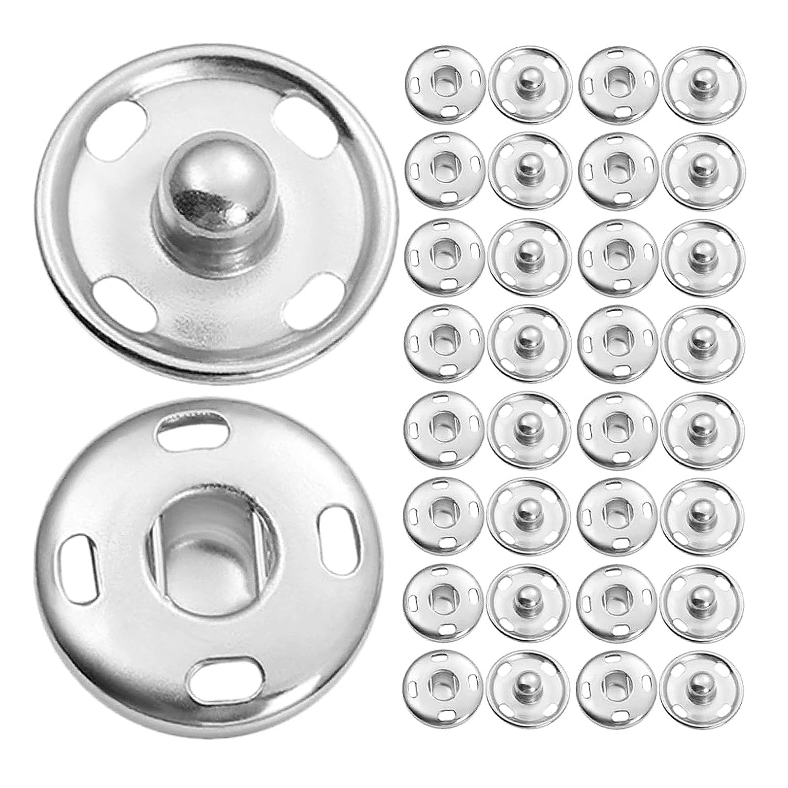 50 Sets Poppers Fasteners, Silver Press Studs Snap Fasteners for Clothing, Metal Sew on Large Press Studs for Clothes Sewing Craft DIY Projects (21MM)