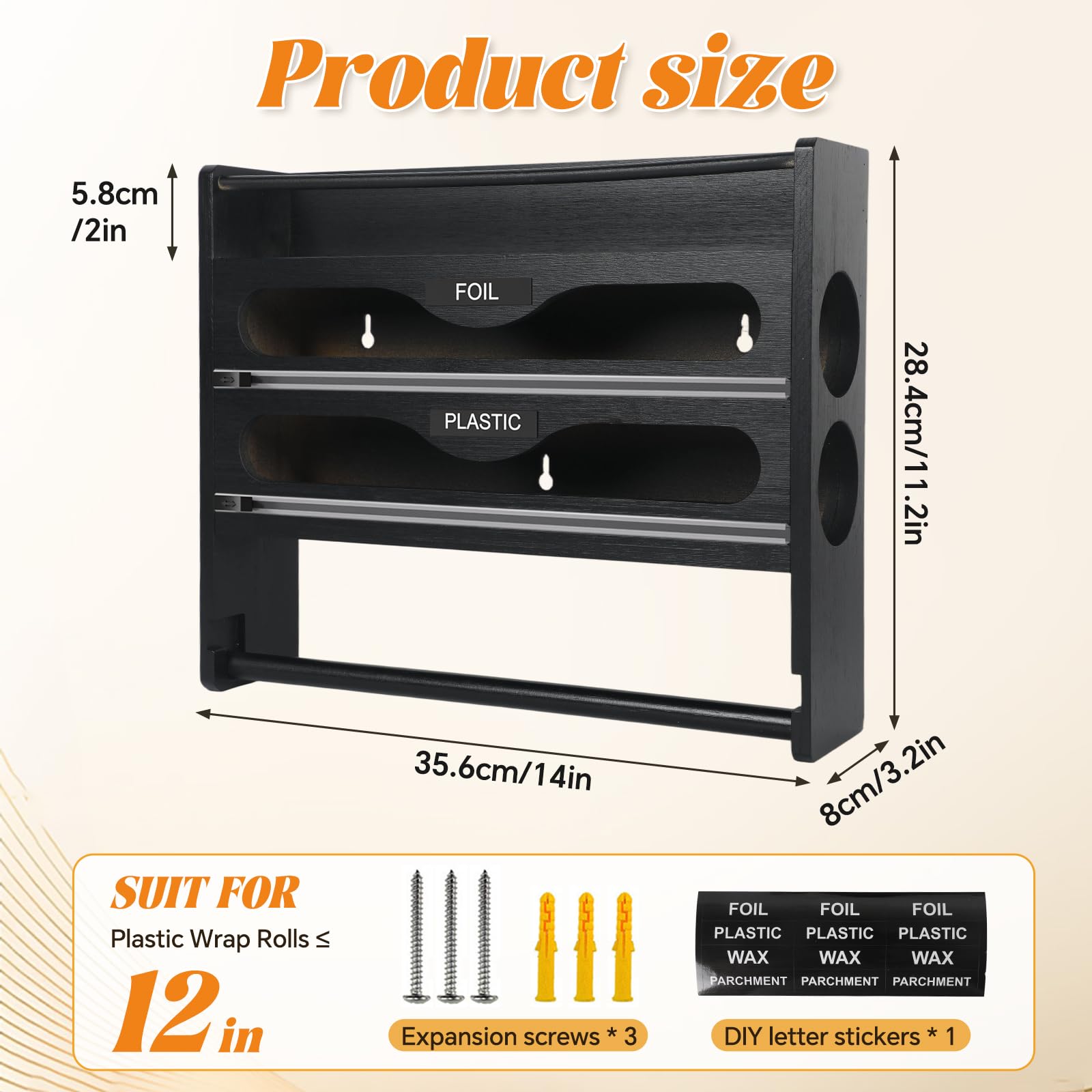 Portarrollos de cocina de madera 4 en 1 con dispensador de láminas y cortador, montaje en pared, soporte extraíble para rollo de cocina, papel de aluminio, film transparente, estante integrado