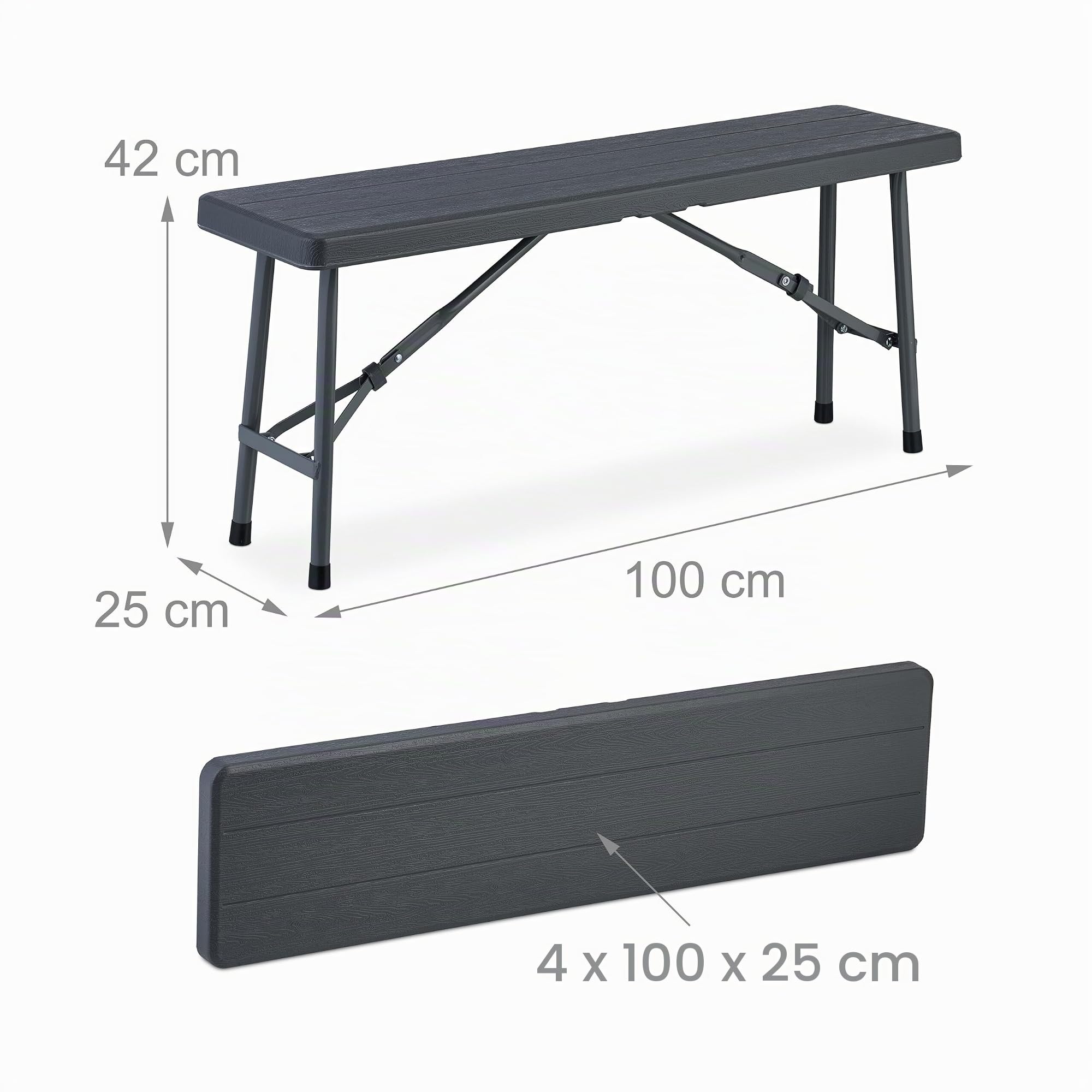Relaxdays Bierbank 2er Set, klappbar, Kunststoff, Stahl, Campingbank, Balkon & Garten, HxBxT: 42 x 100 x 25 cm, grau