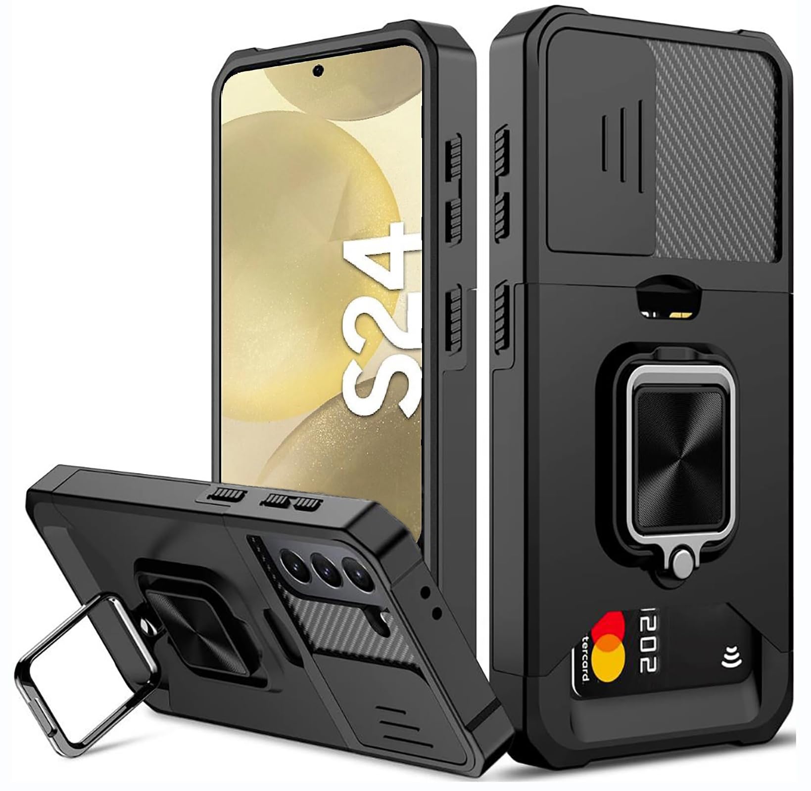 rojarou For Samsung Galaxy S24 Case with Card Holder and Slide Camera Cover and 360° Rotate Ring Kickstand, for Sumsung S24 Case Heavy Duty Protective Phone Case for Samsung S24 Cover-black