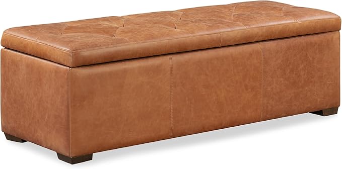 POLY & BARK Senja Storage Ottoman – 52" Large with Feather-Down Topper – Full-Grain Leather Upholstered Ottoman Box – Bench or Bedroom Storage – Vintage Italian Leather in Cognac Tan