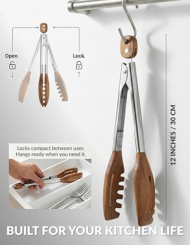 Miniatura 7 de Pinzas de cocina y servidor de pasta 3 en 1 – Pinzas multifunción de nogal de 12 pulgadas con puntas ranuradas tipo tenedor y planas para pasta,