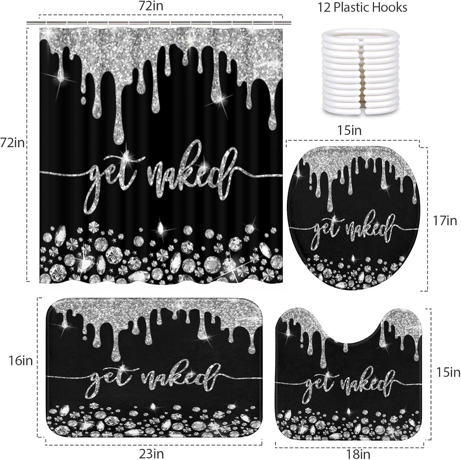ArtSocket 4PC Silver Get Naked Shower Curtain Sets Diamond Bathroom Decor with Rugs, Non-Slip Rug,Toilet Lid Cover, Bath Mat and 12 Hooks 72x72 inches