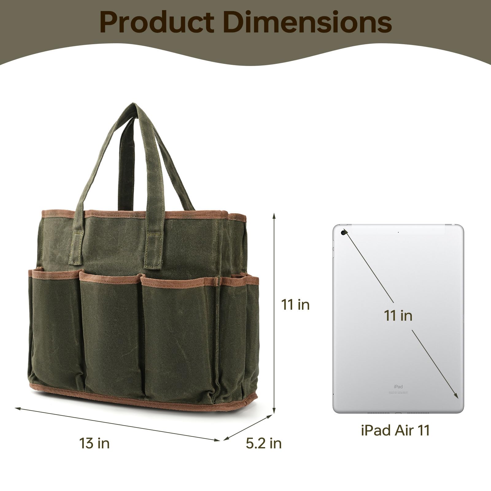 Borsa portautensili da 33 cm, resistente 538,6 g, in tela cerata, con 11 tasche, portatile, organizer per attrezzi per giardinieri, saldatori, elettricisti, lavoratori, meccanici, 33 x 13 x 27 cm