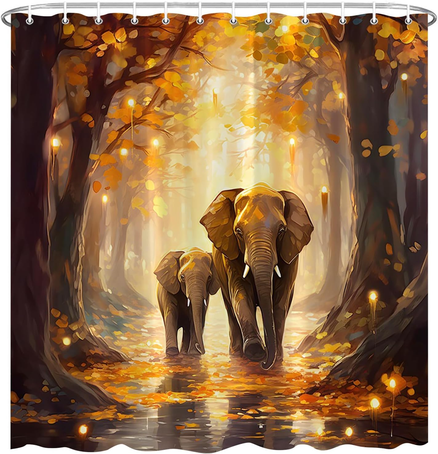 Elephant Shower Curtain Tropical African Large Wild Animal and Fantasy Sunset Forest Trees Scenery Bath Decor Polyester Fabric Curtains with Hook 35X70 Inch