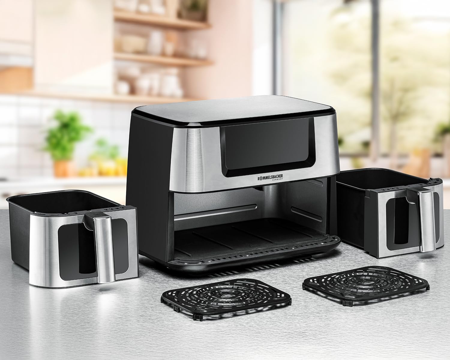 ROMMELSBACHER FRH 2650 Freidora de aire caliente doble, 2 cestas de 5,5 litros, 40 a 230 °C, 12 programas, ventana de visualización, iluminación interior, sin PFAS, función de emparejamiento y