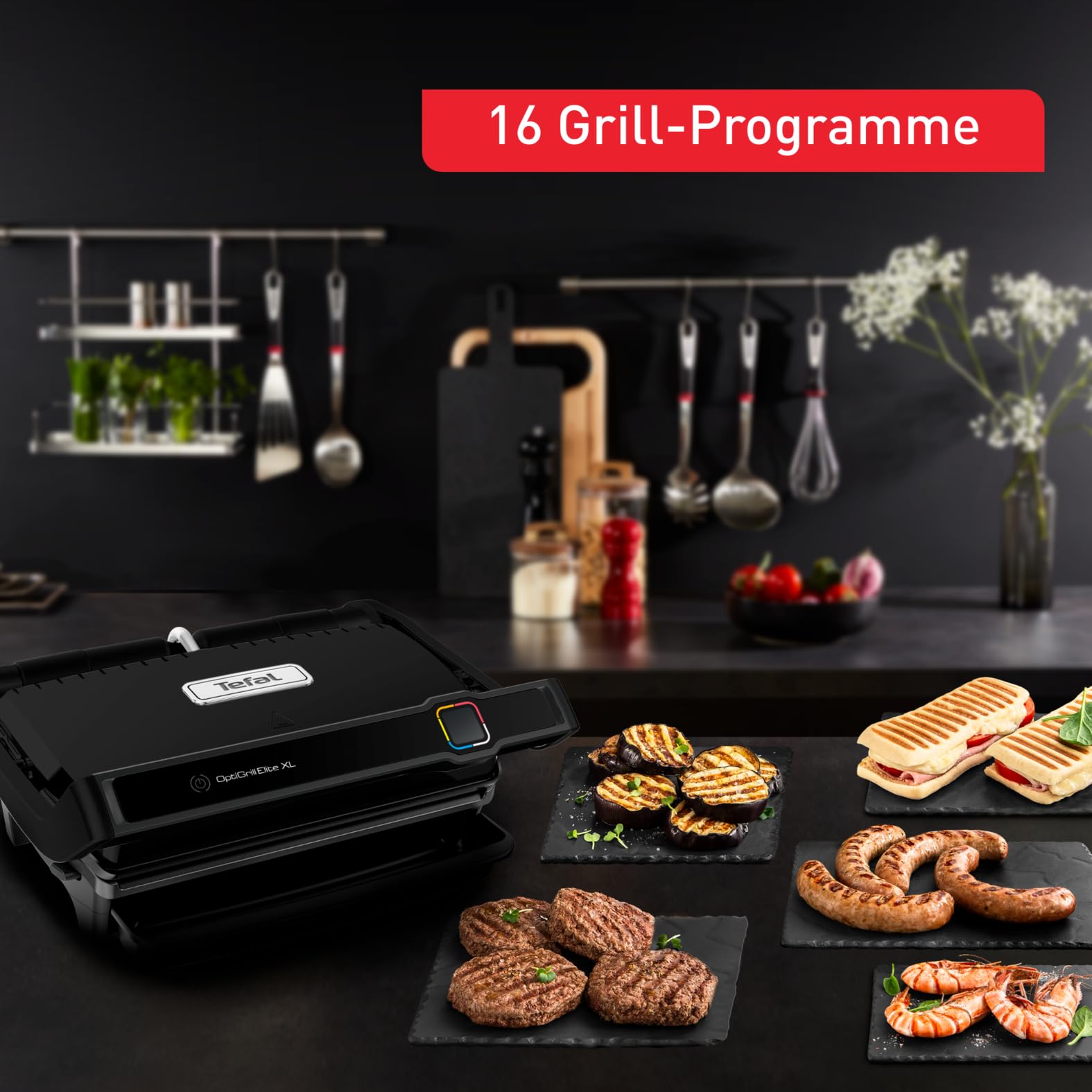 Tefal OptiGrill Elite XL GC760812 - Barbacoa de contacto con 16 programas, pantalla digital con indicador de cocción, placas XL desmontables, parrilla eléctrica, color negro