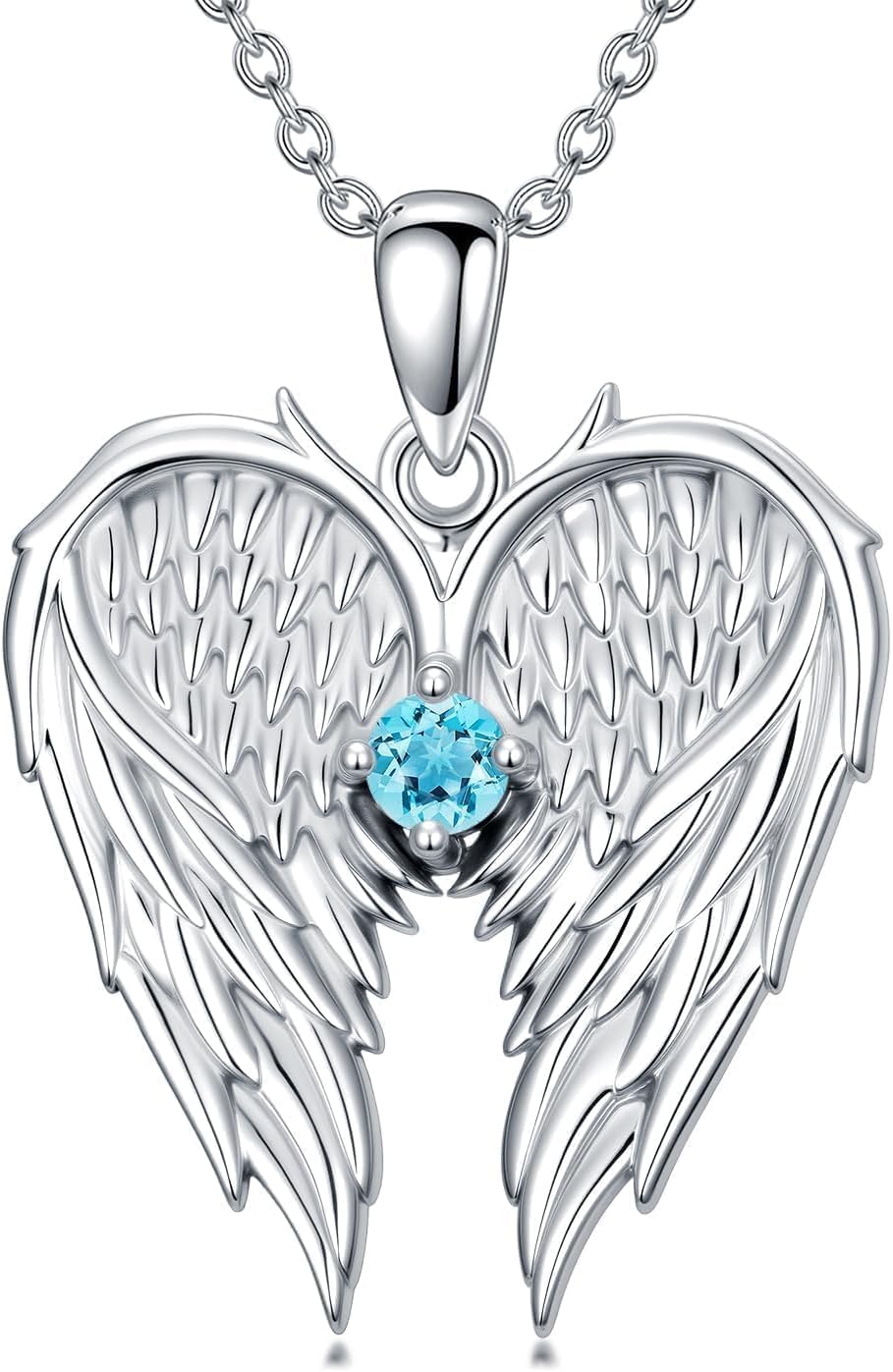 Dorunmo S925 Sterling Silver Angel Wings Necklace for Women, Guardian Angel Birthstone Pendant Jewelry, Religious Memorial Gift for Mom Wife, 18+2 Inch Chain
