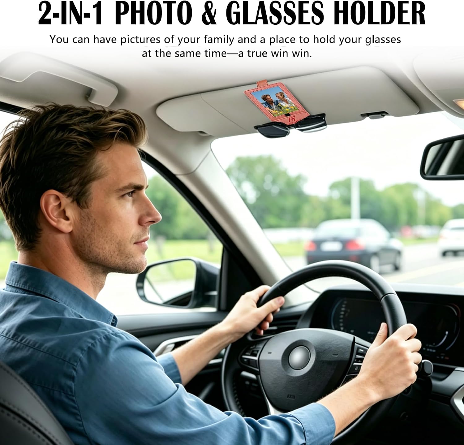 Magnetic 2-in-1 Sunglass & Photo Holder for Car Visor, Leather Anti-Slip No-Fall No-Slide, Fits SUV Truck RV image 3